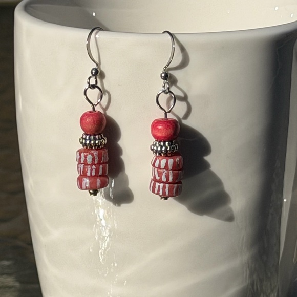 Handcrafted Red striped sand cast glass & wood Earrings - Picture 14 of 16